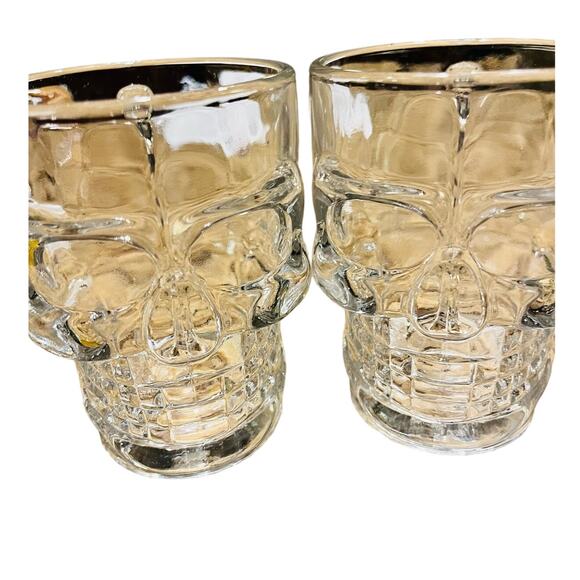Skull heavy glass clear mugs set of 2 handles are bone...